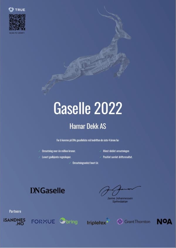 DN Gaselle-diplom 2022 — Hamar Dekk AS