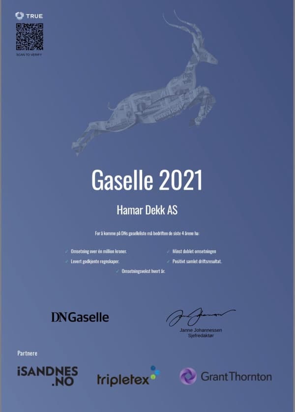 DN Gaselle-diplom 2021 — Hamar Dekk AS